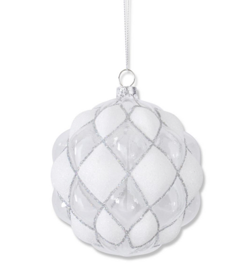 4.5" White & Clear Glass Round Hobnail Ornament