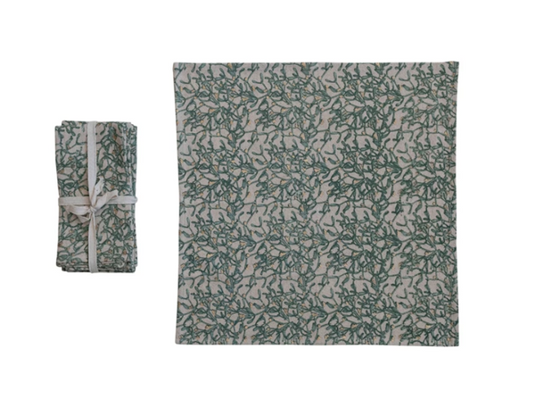 Square Cotton & Linen Napkins w/ Botanical Pattern