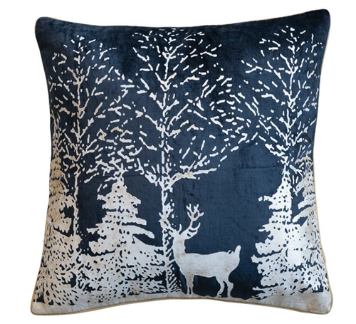 Square Cotton Velvet Printed Pillow w/ Winter Scene - 20"