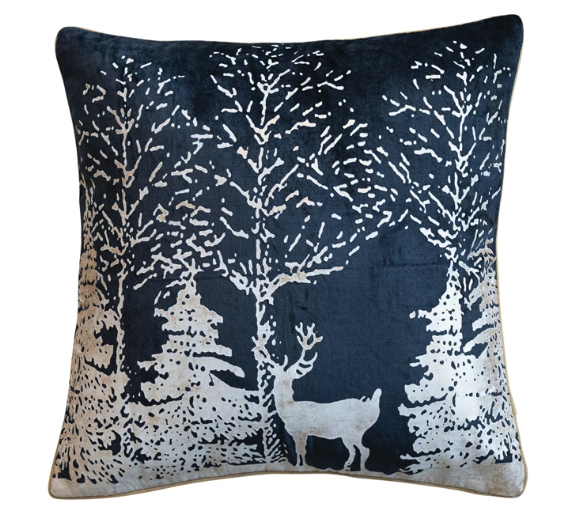 Square Cotton Velvet Printed Pillow w/ Winter Scene - 20"