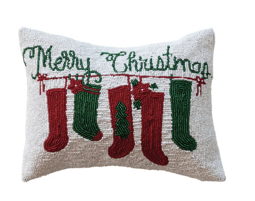 Cotton Velvet Beaded Lumbar Pillow "Merry Christmas"