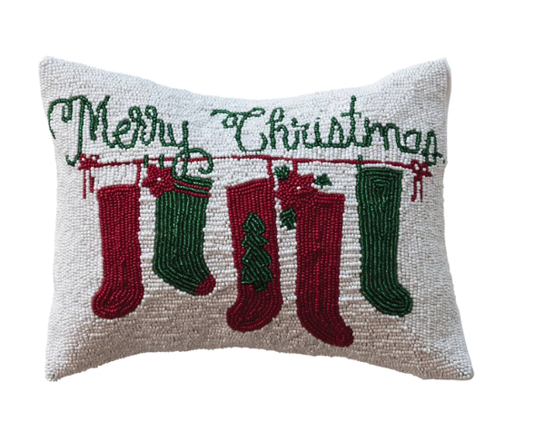 Cotton Velvet Beaded Lumbar Pillow "Merry Christmas"