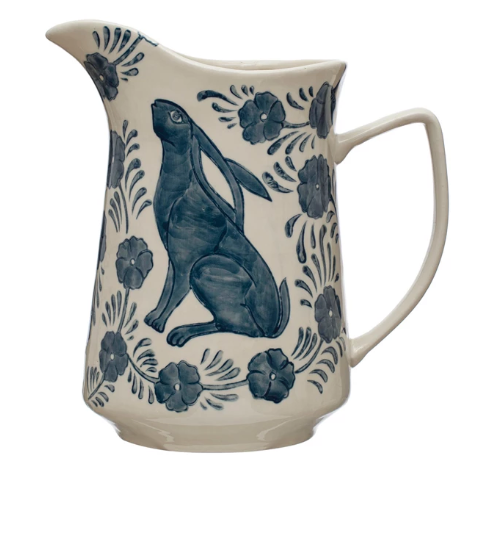 Hand Painted Pitcher w/ Rabbit & Flowers - 3 Quart