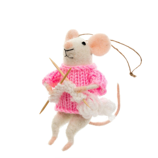 Set of Three Felt Mice Mouse with Flowers on Sticks
